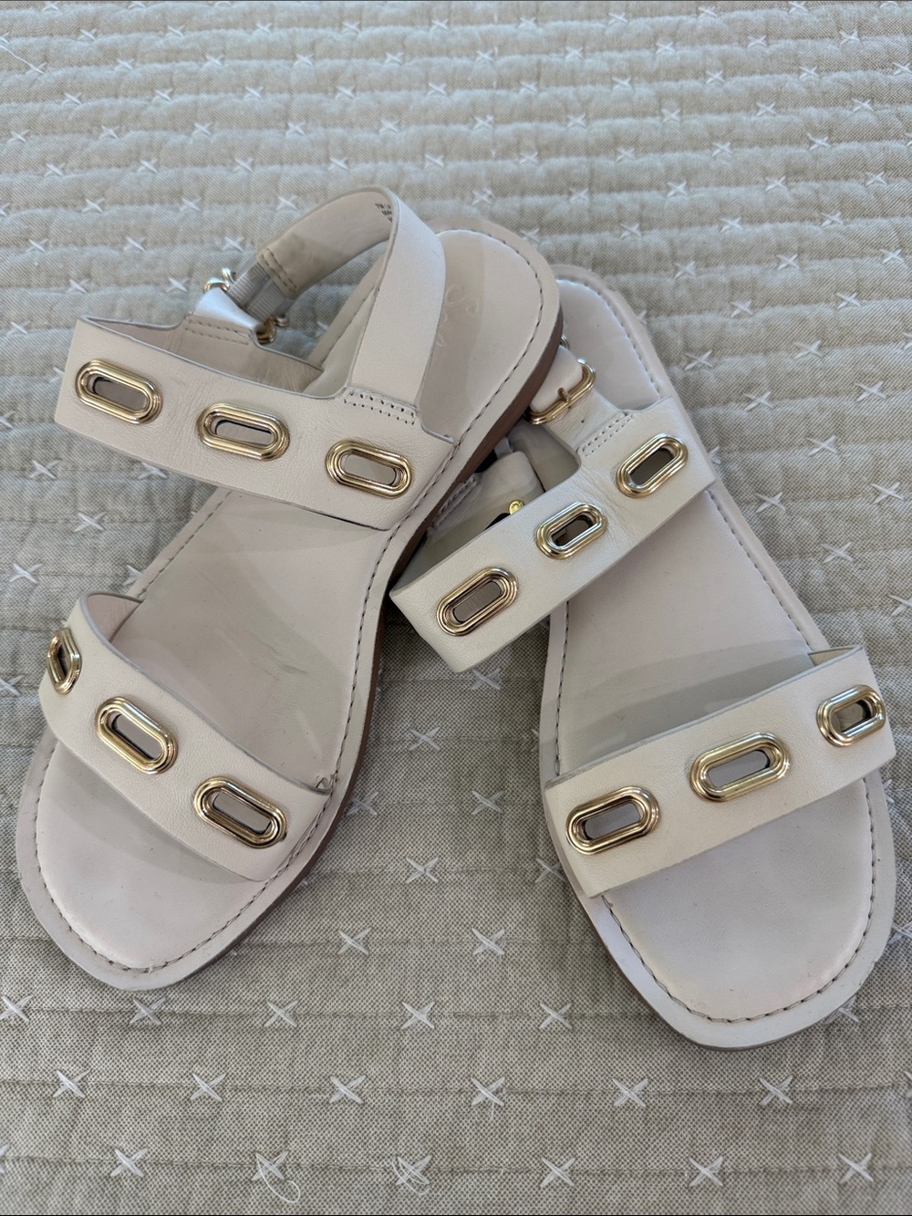Splendid Cream Leather Double-Strap Sandals with Gold Oval Accents